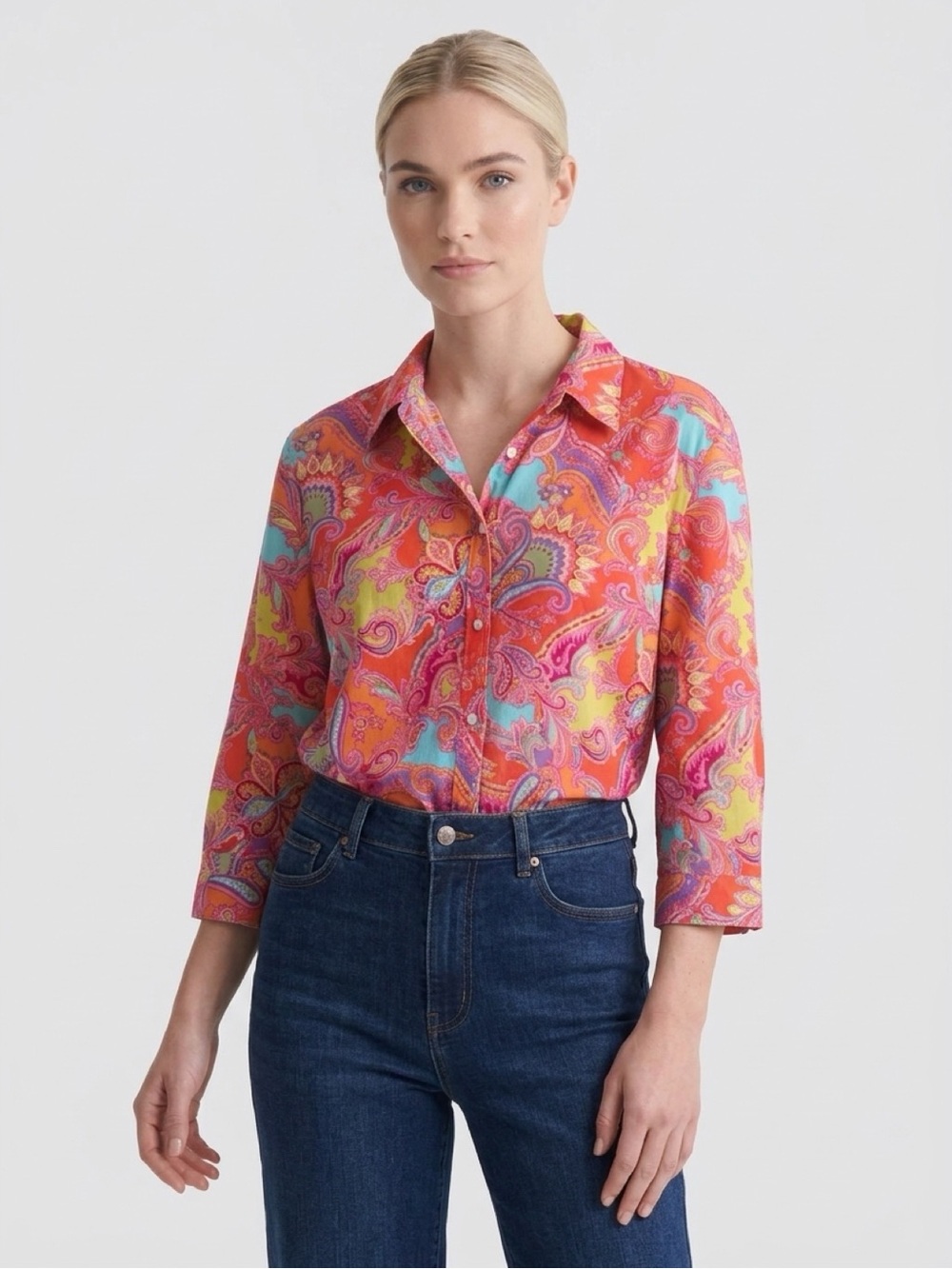 Chaps Women's Bright Coral Turquoise Paisley Button-Down Shirt